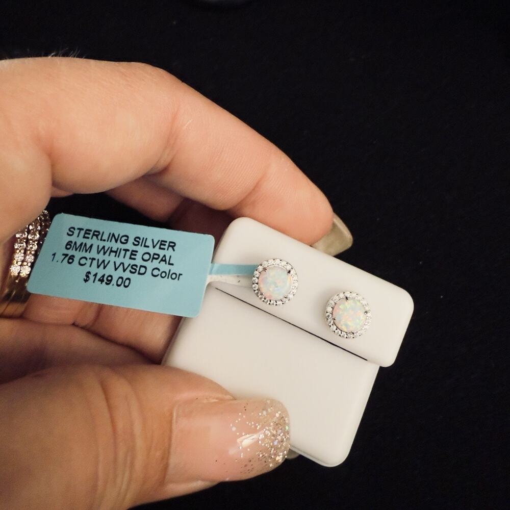Beautiful Genuine White Opal & Moissanite Halo Stud Earrings 925~New~Retail $149